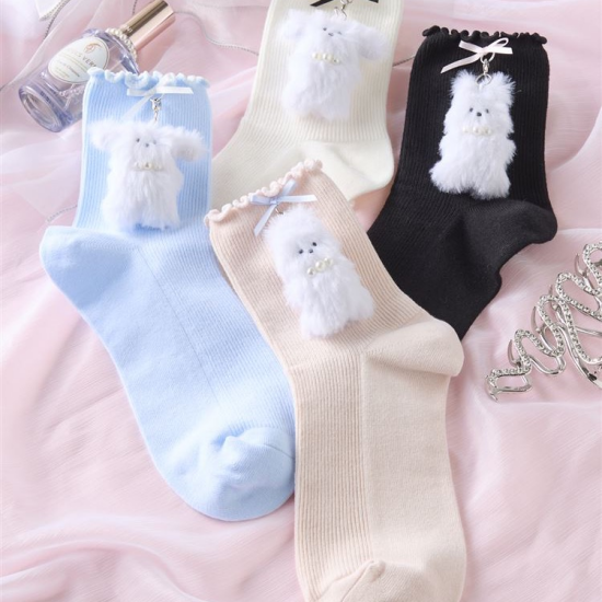 かわいさにメロメロ♪ふさふさうさぎのマスコット付きソックス★